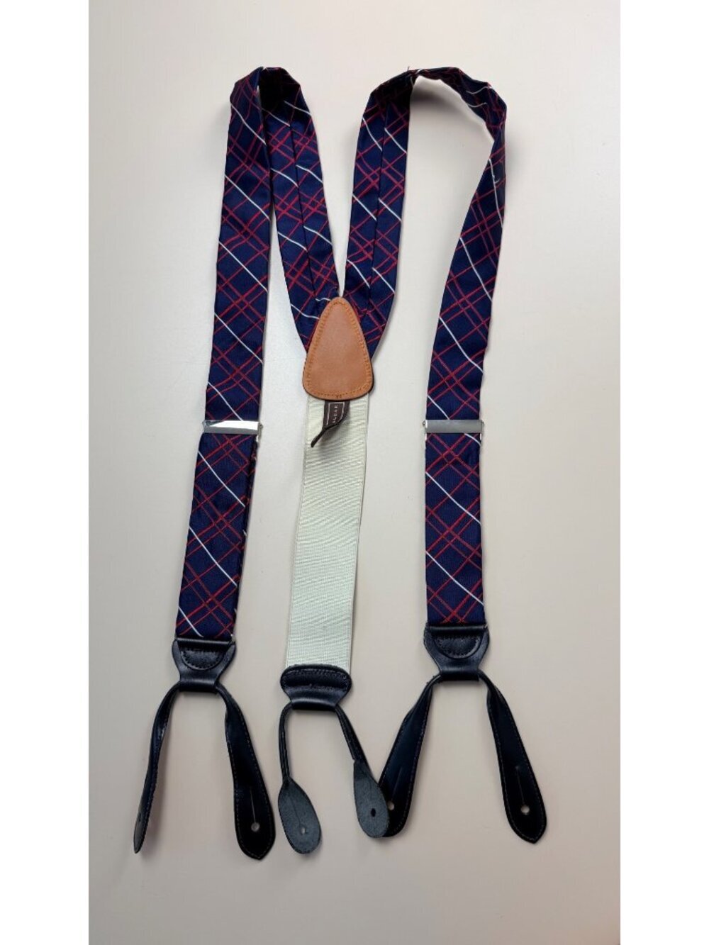 Trafalgar Mens Navy & Red Plaid Suspenders With Leather Ends Adjustable